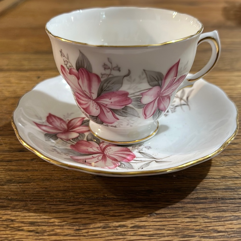 Royal Vale Bone China teacup and saucer made in England marked with pink lily